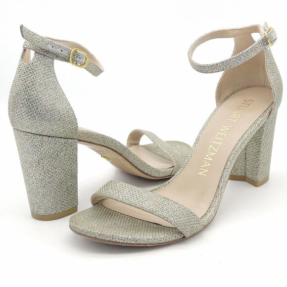 Stuart Weitzman Nudistcurve 75 Glitter Block Heel Sandals Platino Size 7 Wedding - Picture 3 of 16